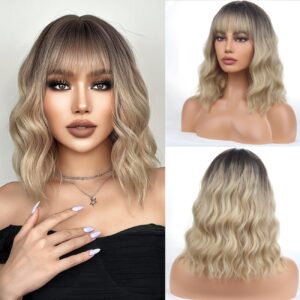 Blonde Bob Wigs for Women Short Curly Wavy Ombre Blonde Wig